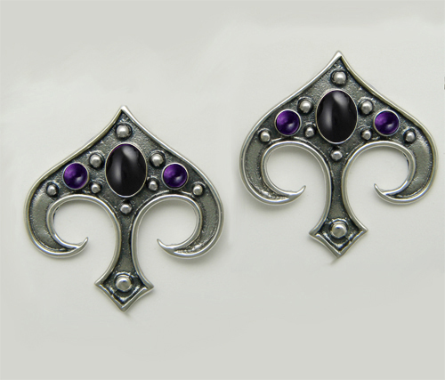 Sterling Silver Gothic Inspired Drop Dangle Earrings With Black Onyx And Amethyst